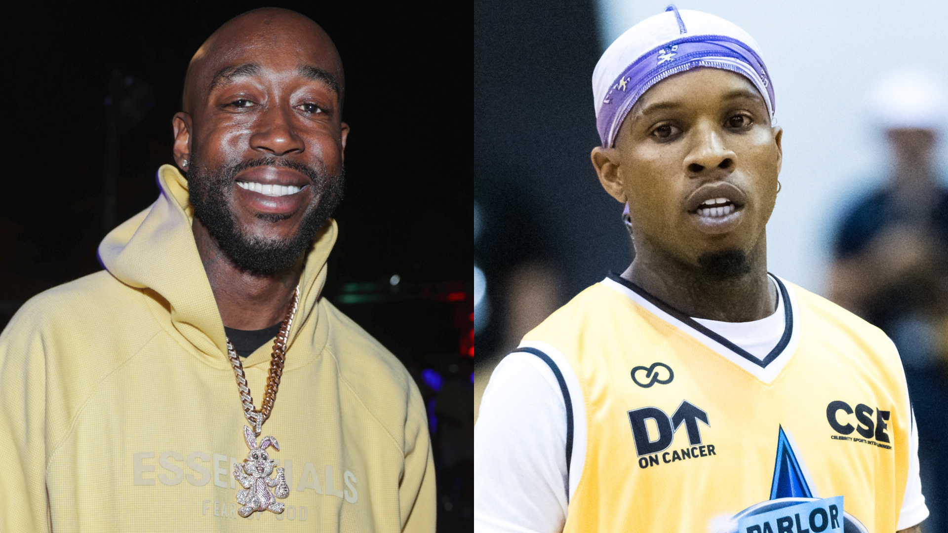 Two images side by side: Left, a man in a yellow hoodie smiling. Right, a man in a basketball jersey with a headband.