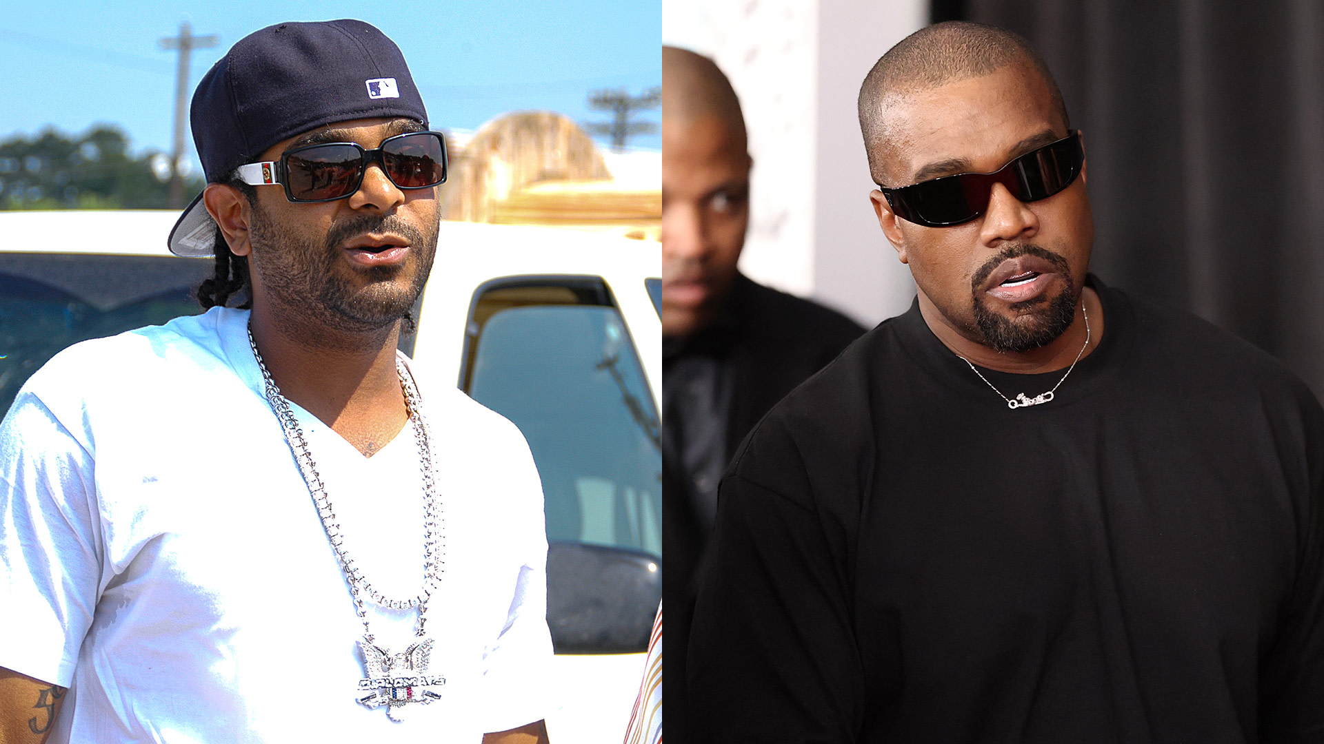 A split image showing Jim Jones and the rapper formerly known as Kanye West.