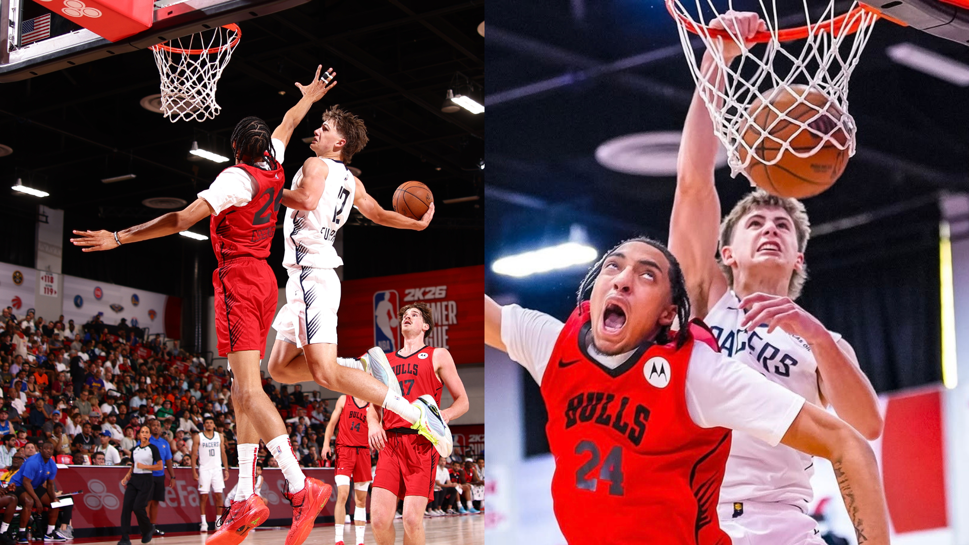 Two basketball players in mid-air near the hoop, one in a white jersey and the other in red, during a game with a cheering crowd.