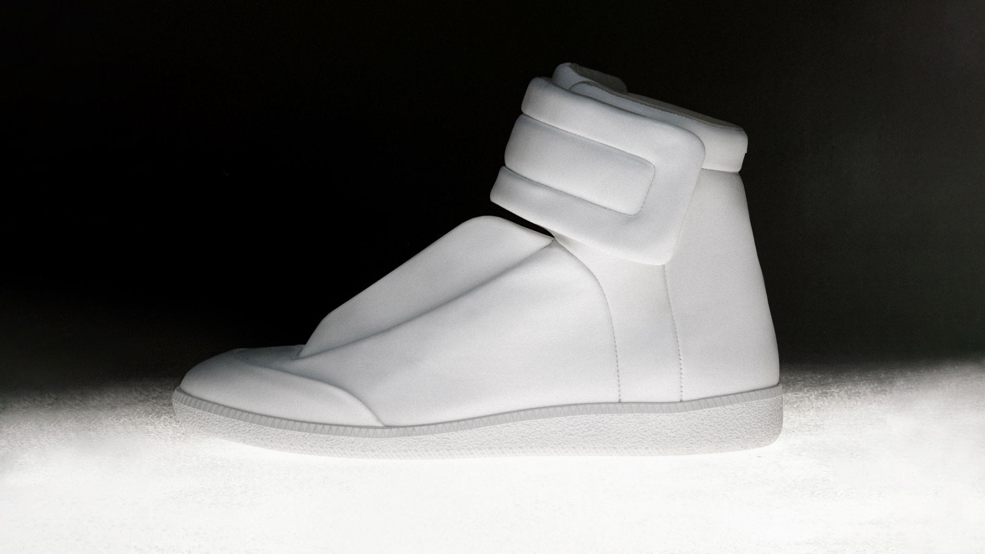 A sleek, futuristic white high-top sneaker with a thick strap and minimalist design on a dark background.