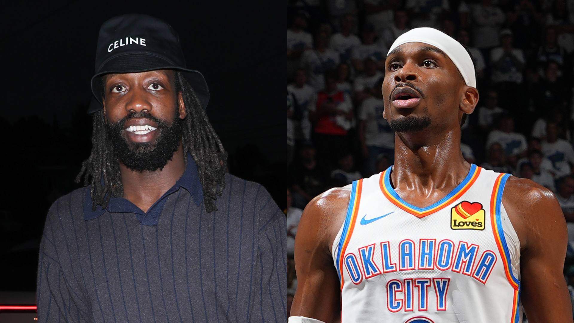 Two images side by side: left shows a man with a Celine hat and beard, right shows a basketball player in Oklahoma City jersey.