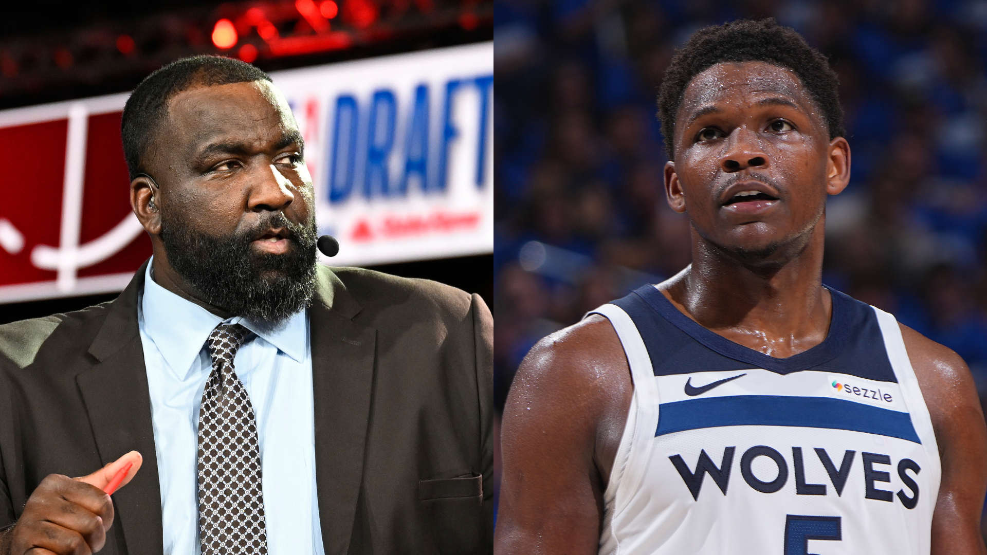 Kendrick Perkins in a suit with a microphone, and Anthony Edwards in a Timberwolves jersey on the court.