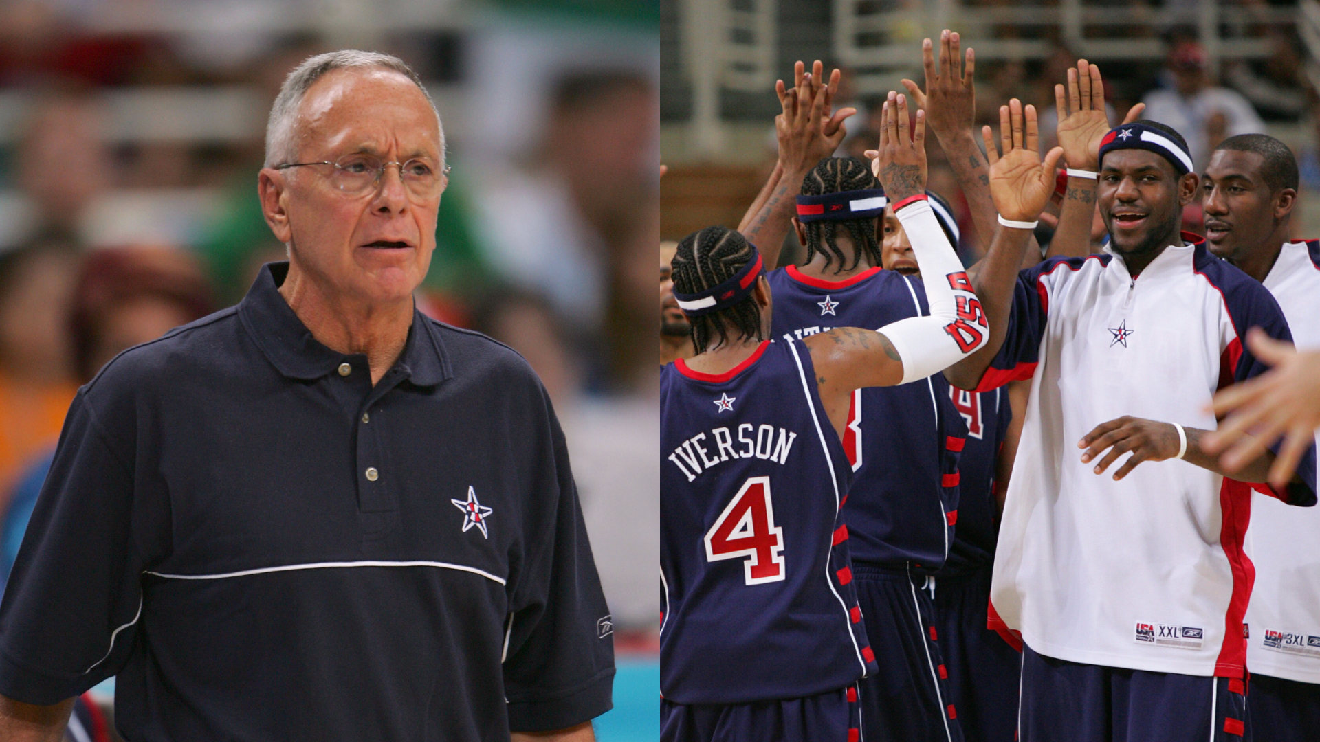 Larry Brown on the left, wearing a navy polo. On the right, Allen Iverson and LeBron James high-five teammates in Team USA jerseys.
