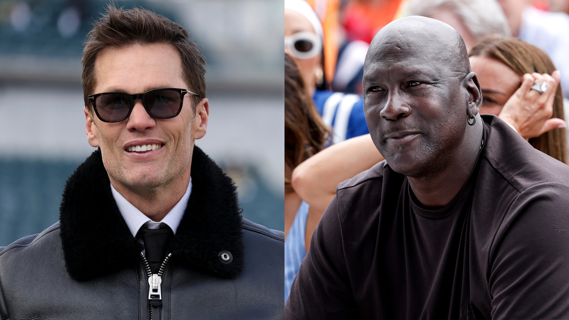 Tom Brady in sunglasses and a jacket, smiling; Michael Jordan in a black shirt, sitting outdoors.