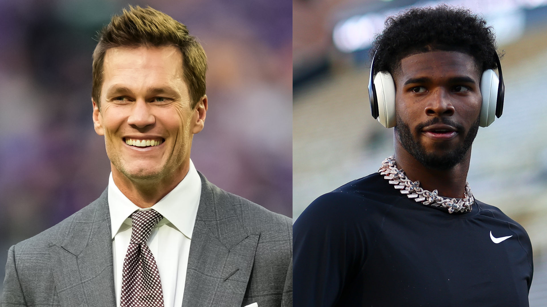 Tom Brady smiling in a suit on the left, Shedeur Sanders with headphones and a chain necklace on the right.