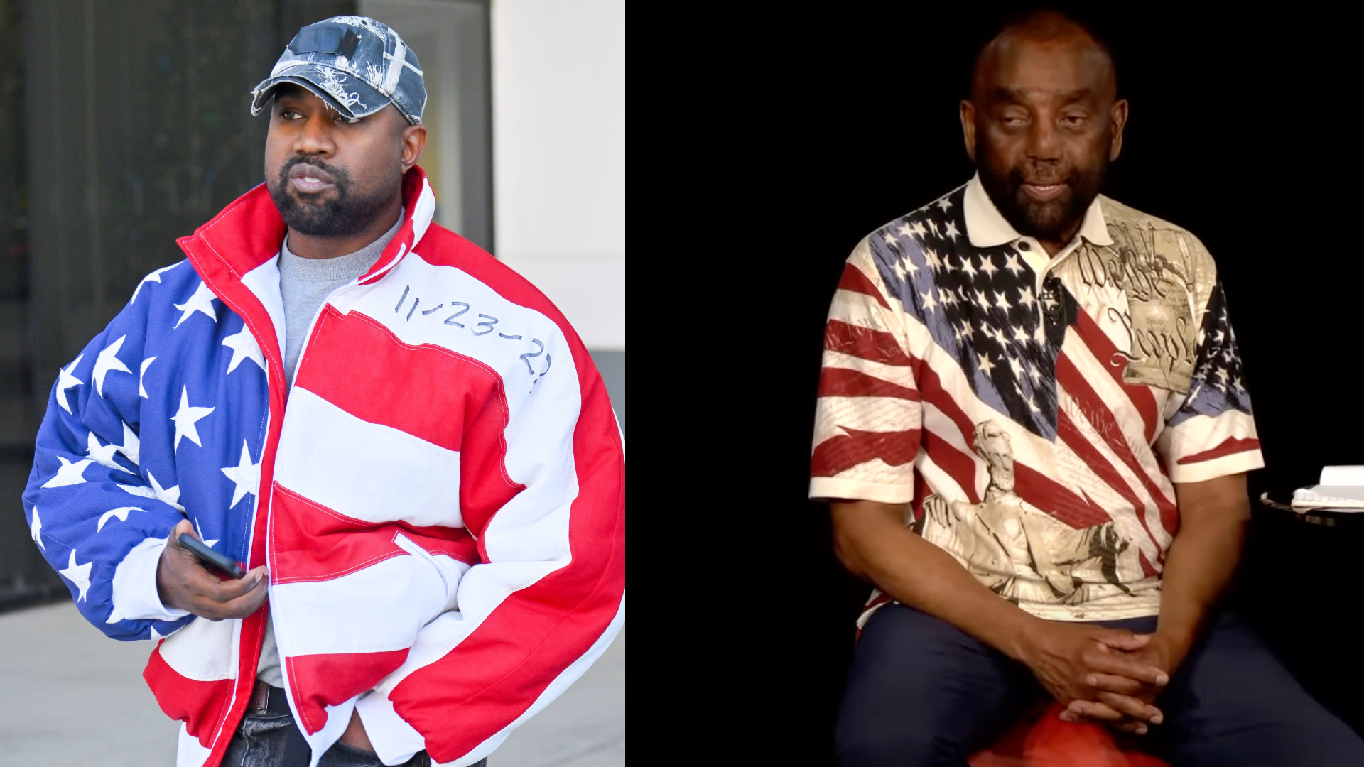 Two men wearing American flag-themed clothing. The man on the left wears a jacket and cap, and the man on the right wears a polo shirt.