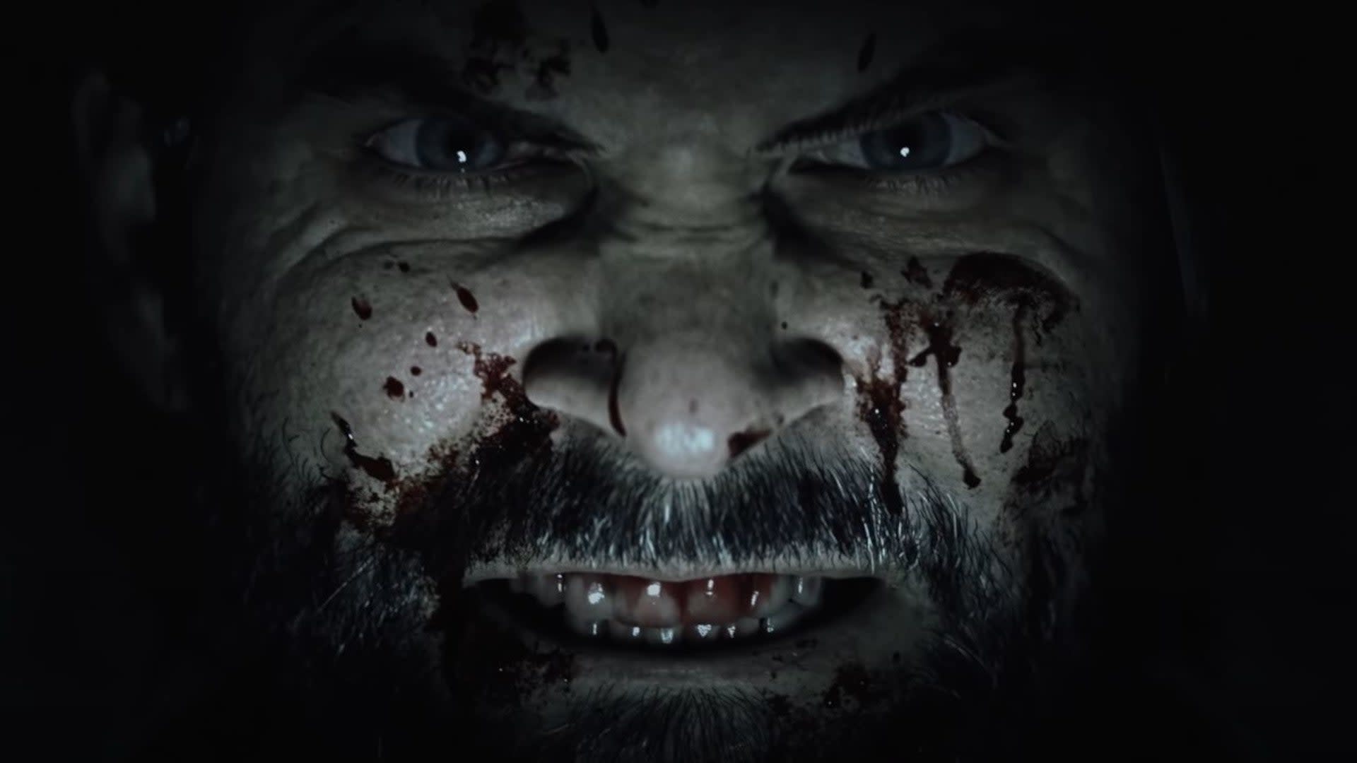 A terrifying figure with long hair and an open mouth, set in a dark, eerie environment.