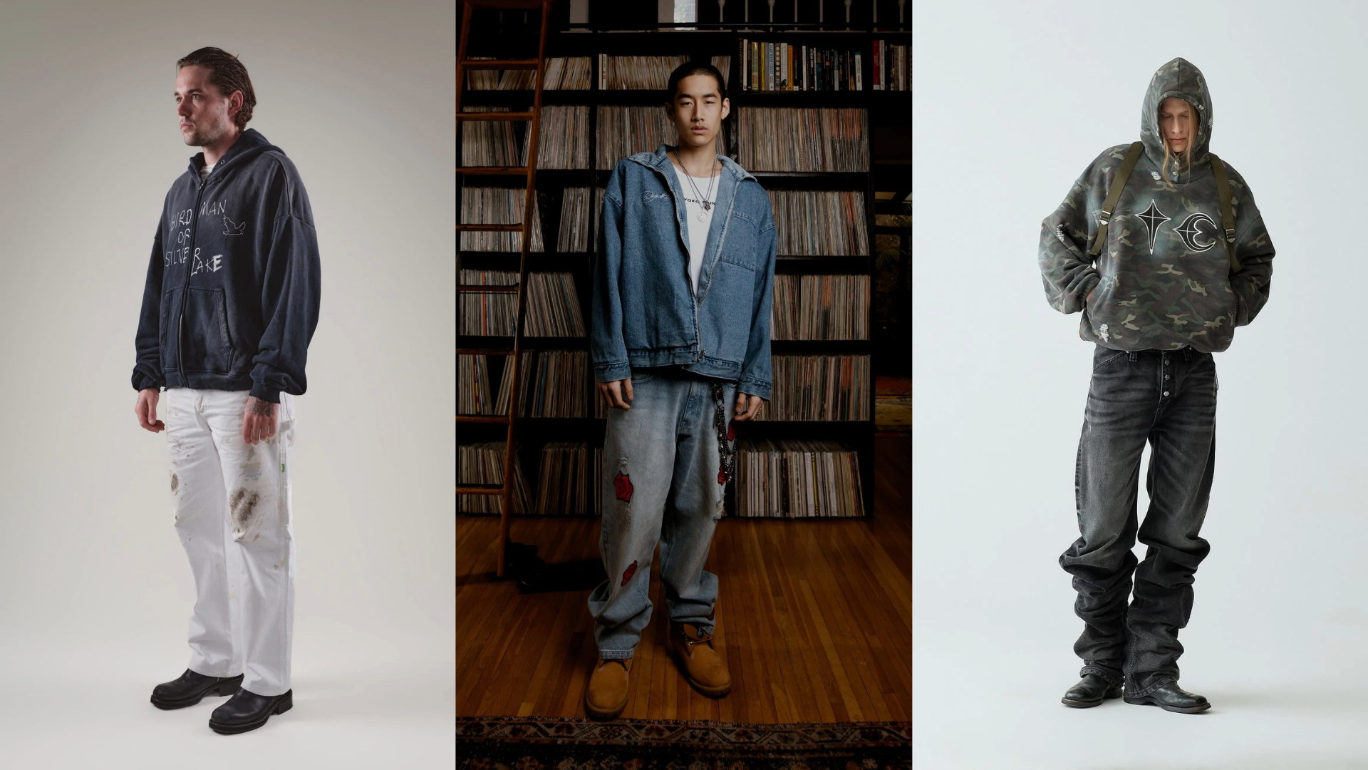 Three models in casual outfits: one in a dark hoodie and white pants, another in a denim jacket and jeans, and the third in a camo hoodie and dark jeans.