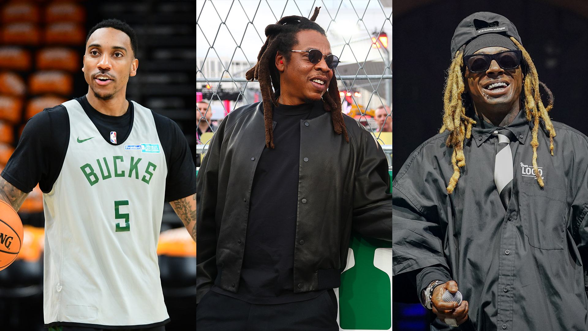 Three images side by side: Jeff Teague in a Bucks jersey, Jay-Z in sunglasses and a black jacket, and Lil Wayne with long dreadlocks and sunglasses.