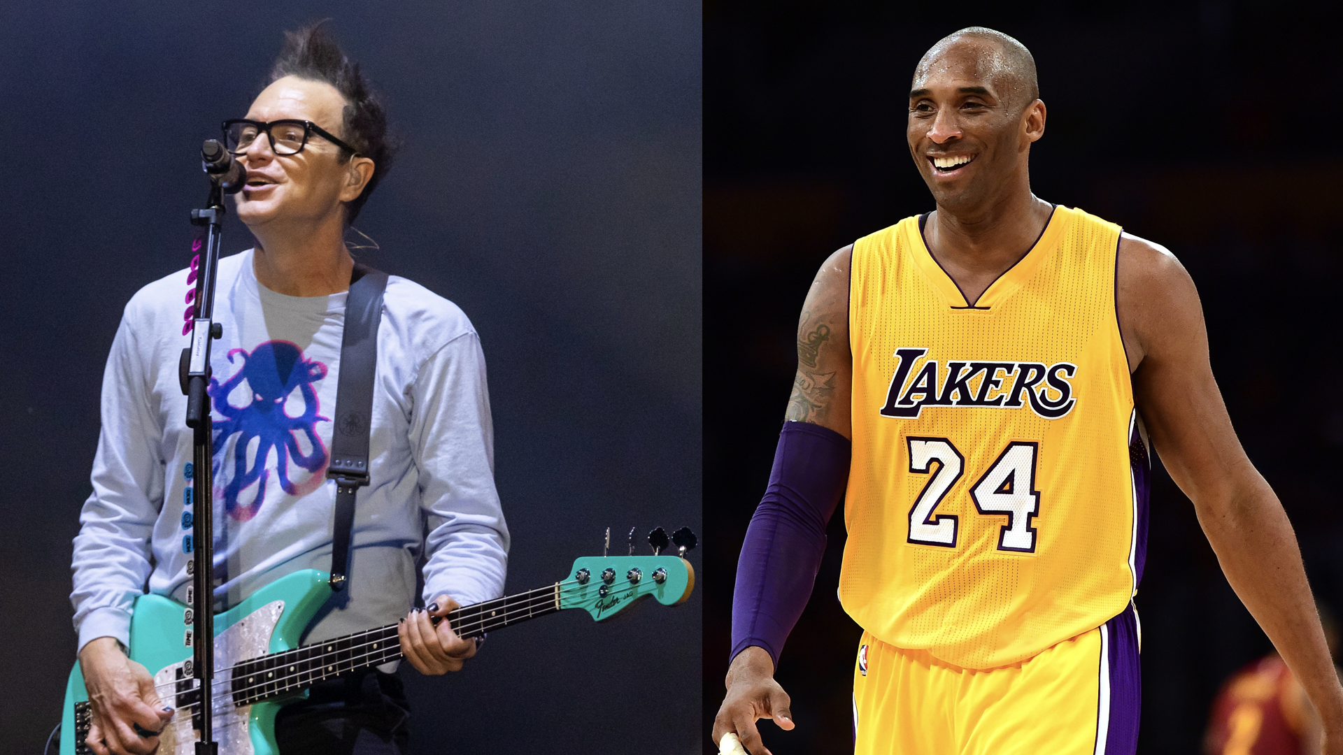 CHICAGO, ILLINOIS - AUGUST 04: Mark Hoppus of Blink-182 performs onstage during Lollapalooza at Grant Park on August 04, 2024 in Chicago, Illinois. 

LOS ANGELES, CA - MARCH 10: Kobe Bryant #24 of the Los Angeles Lakers smiles during a 120-108 Cleveland Cavaliers win at Staples Center on March 10, 2016 in Los Angeles, California.