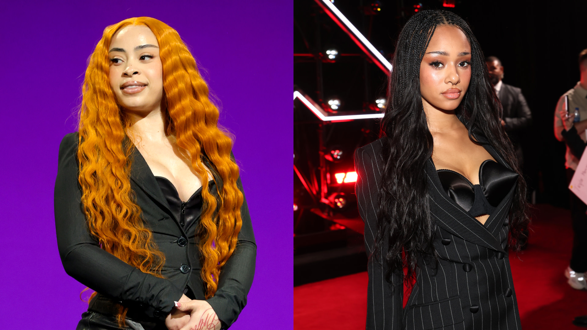 Split image. Left: Ice Spice with long orange hair and a black outfit. Right: KATSEYE's Manon with long black hair in a pinstripe outfit.