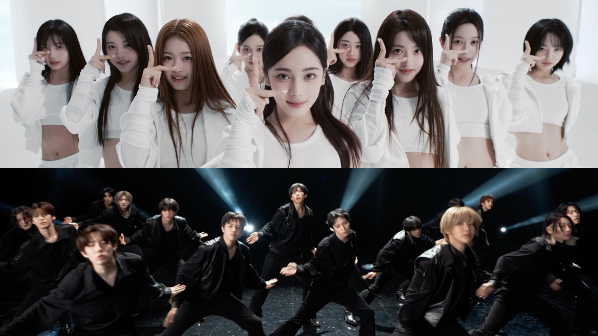 Split image. Top: Members of the girl group A2O Lite in white outfits. Bottom: Members of the boy group A2O Soul in black outfits performing dynamic dance routines on stage.