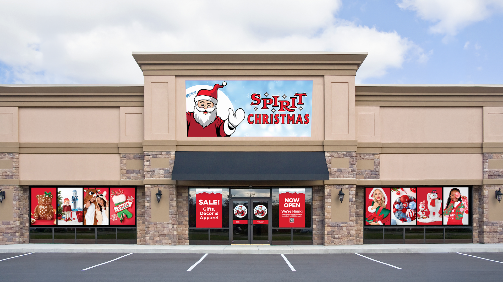 A store with "Spirit Christmas" signage featuring Santa Claus. Holiday-themed displays and sale signs are visible in the windows.