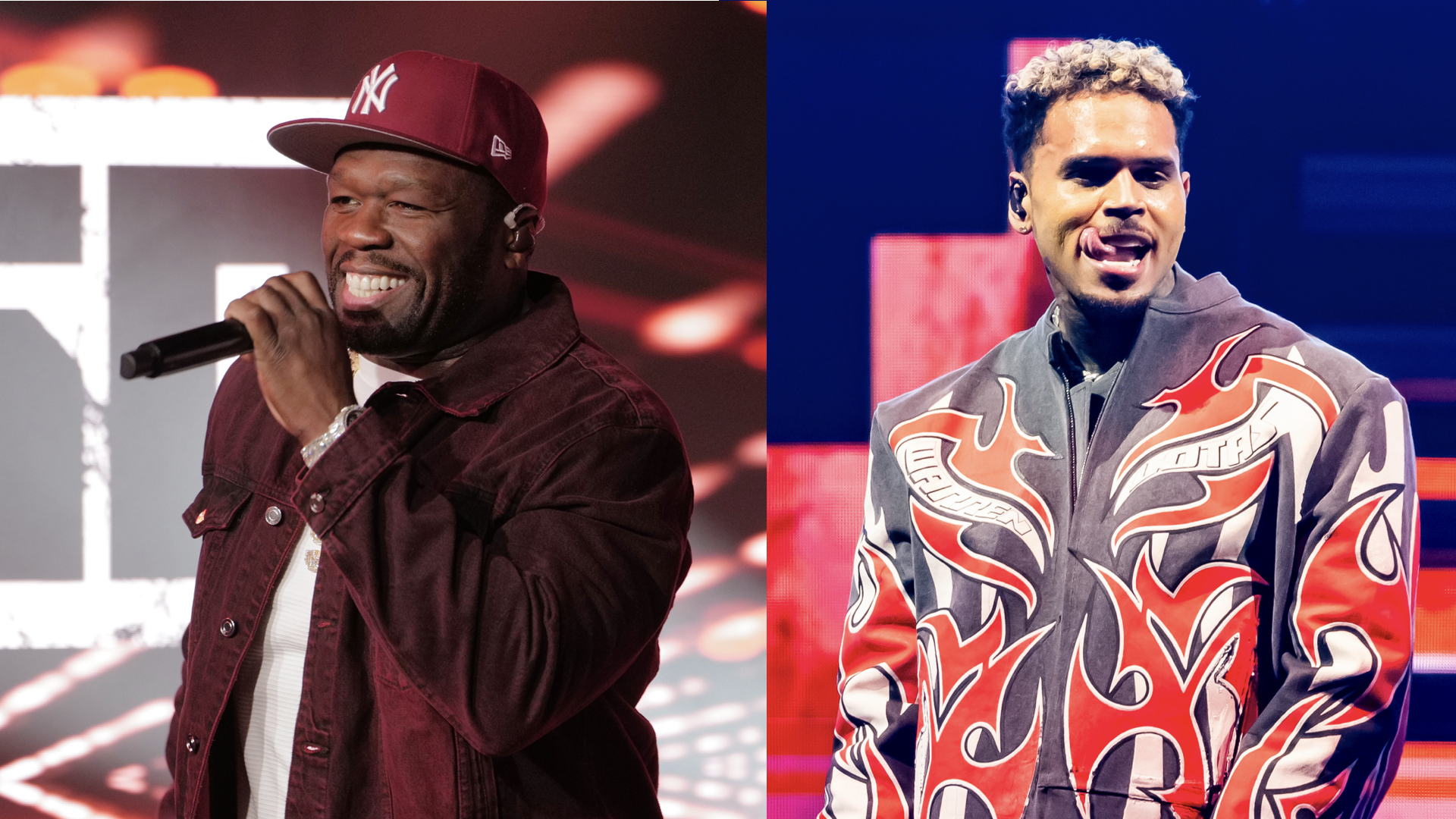 (L) 50 Cent on 'Jimmy Kimmel Live!' (R) Chris Brown performs during Tycoon Music Festival at Little Caesars Arena on April 19, 2025 in Detroit, Michigan.