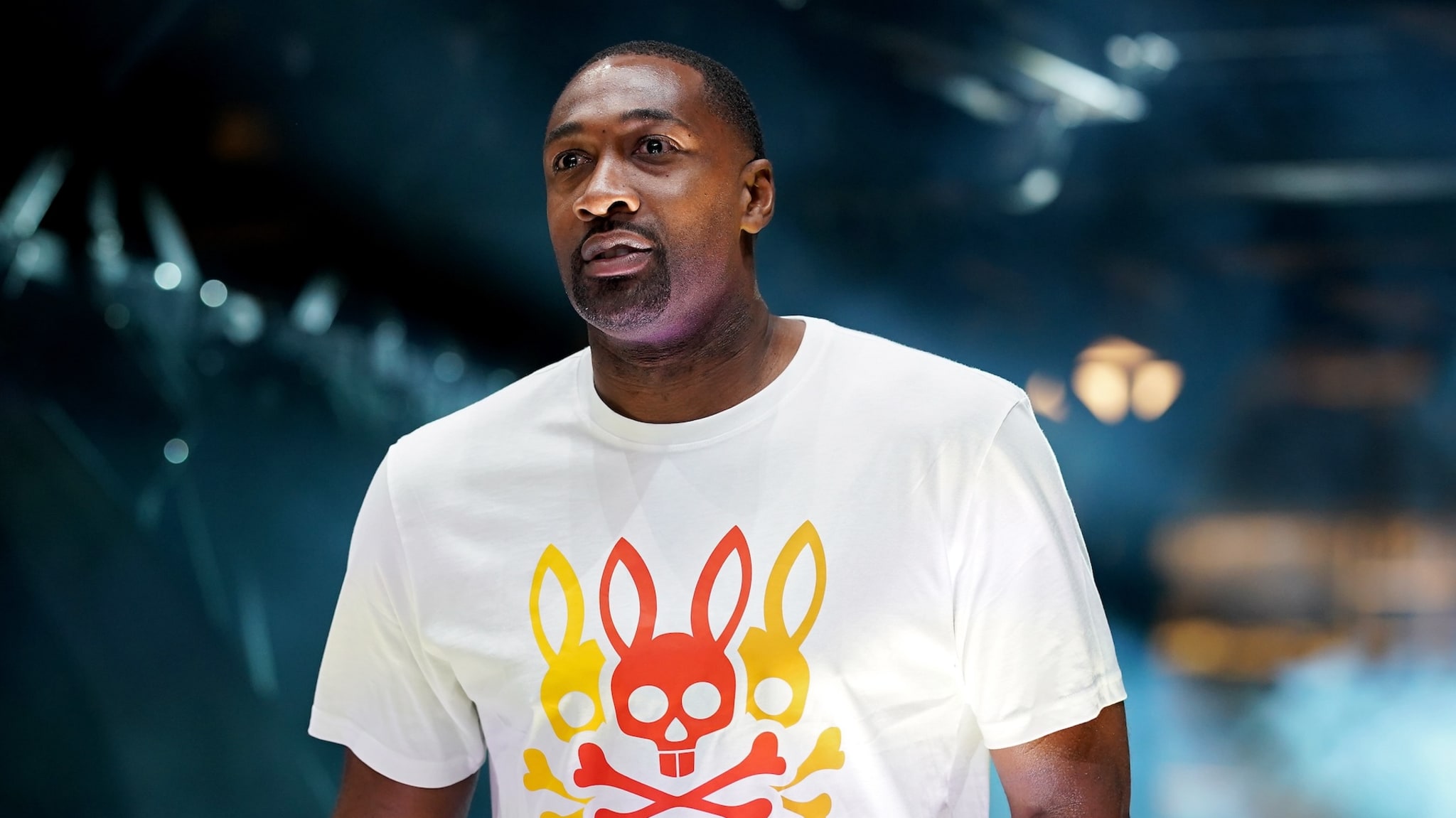 DALLAS, TEXAS - JULY 31: Coach Gilbert Arenas of the Enemies is introduced before the game against the Triplets during BIG3 - Week Four at the American Airlines Center on July 31, 2021 in Dallas, Texas.
