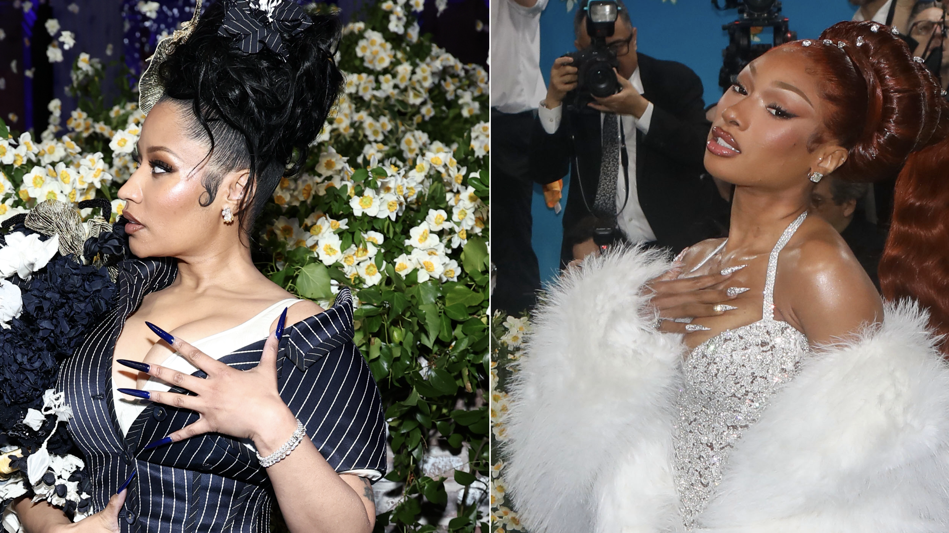 Nicki Minaj in a striped outfit with floral backdrop, and Megan Thee Stallion in a sparkling dress with a fur stole, posing at an event.