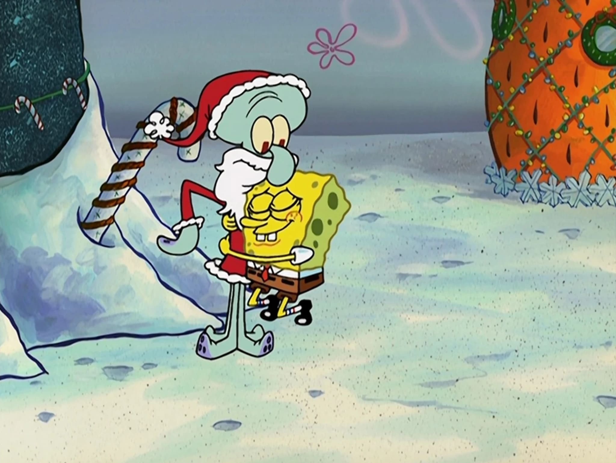 SpongeBob SquarePants hugging Squidward, who is dressed as Santa, in a snowy Bikini Bottom setting.