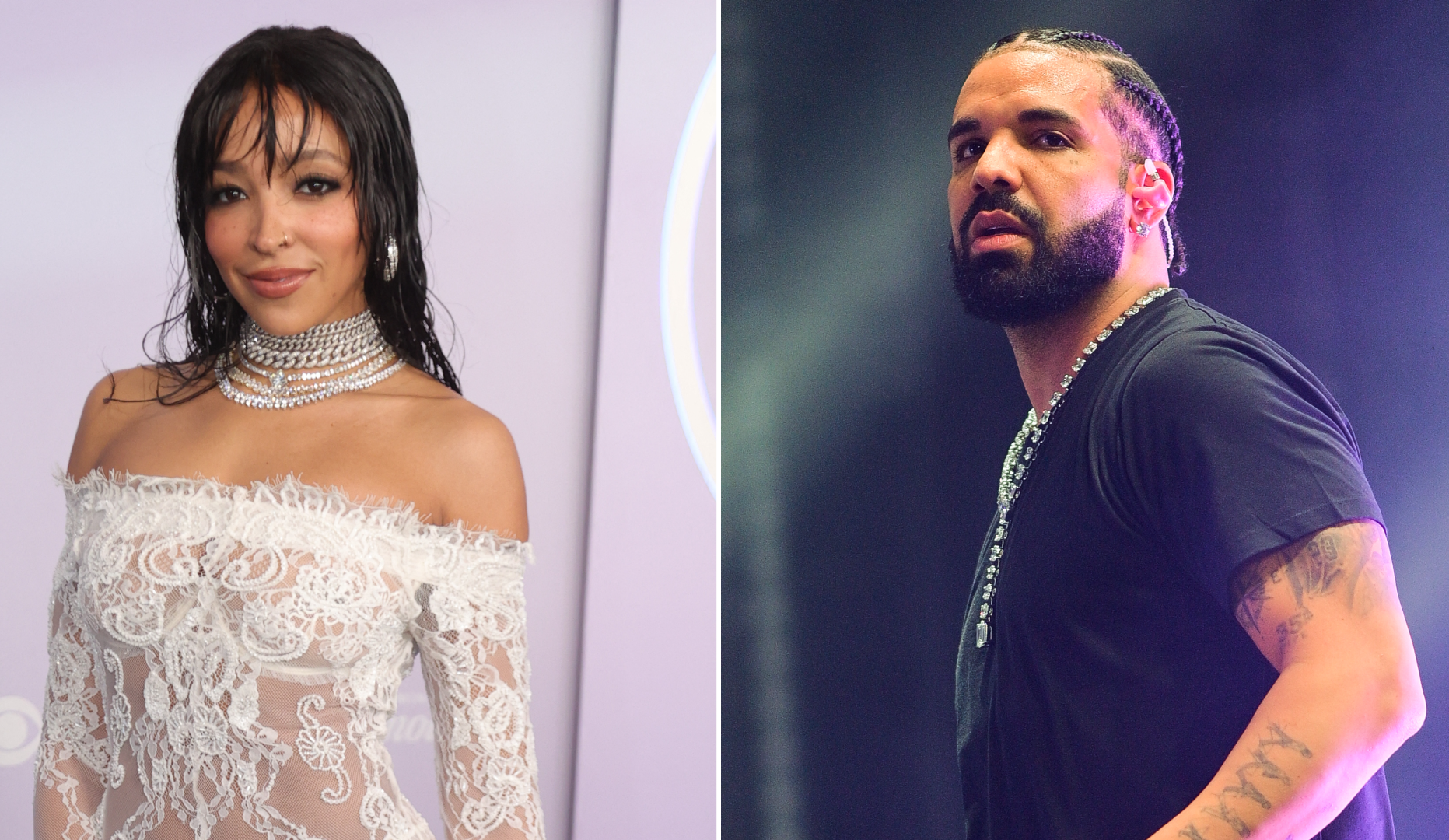 Split image. Left: Tinashe in a white lace dress. Right: Drake in a black shirt, both wearing jewelry.