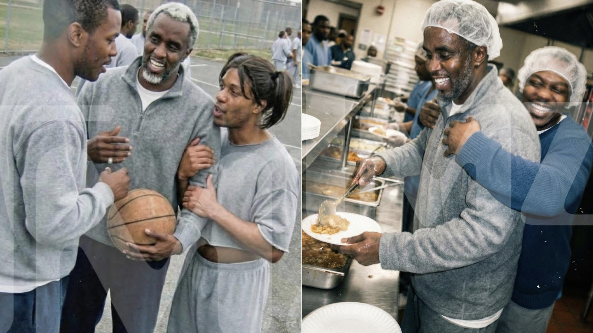 Two images show men in a prison setting. One group holds a basketball, while in the other, they serve food with smiles and hairnets.