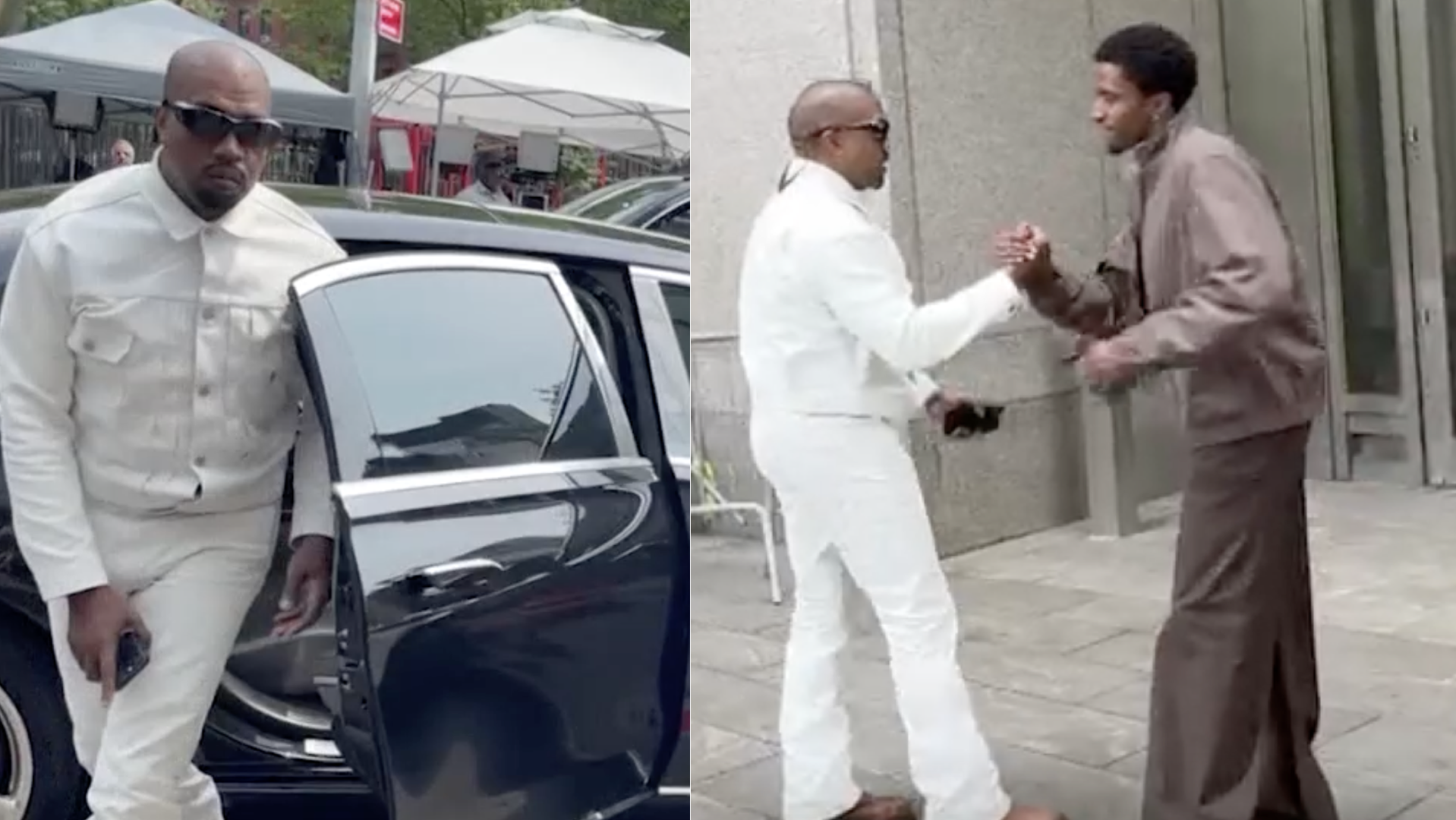 Kanye West in a white outfit exits a car and greets Christian Combs in brown attire outside a building.