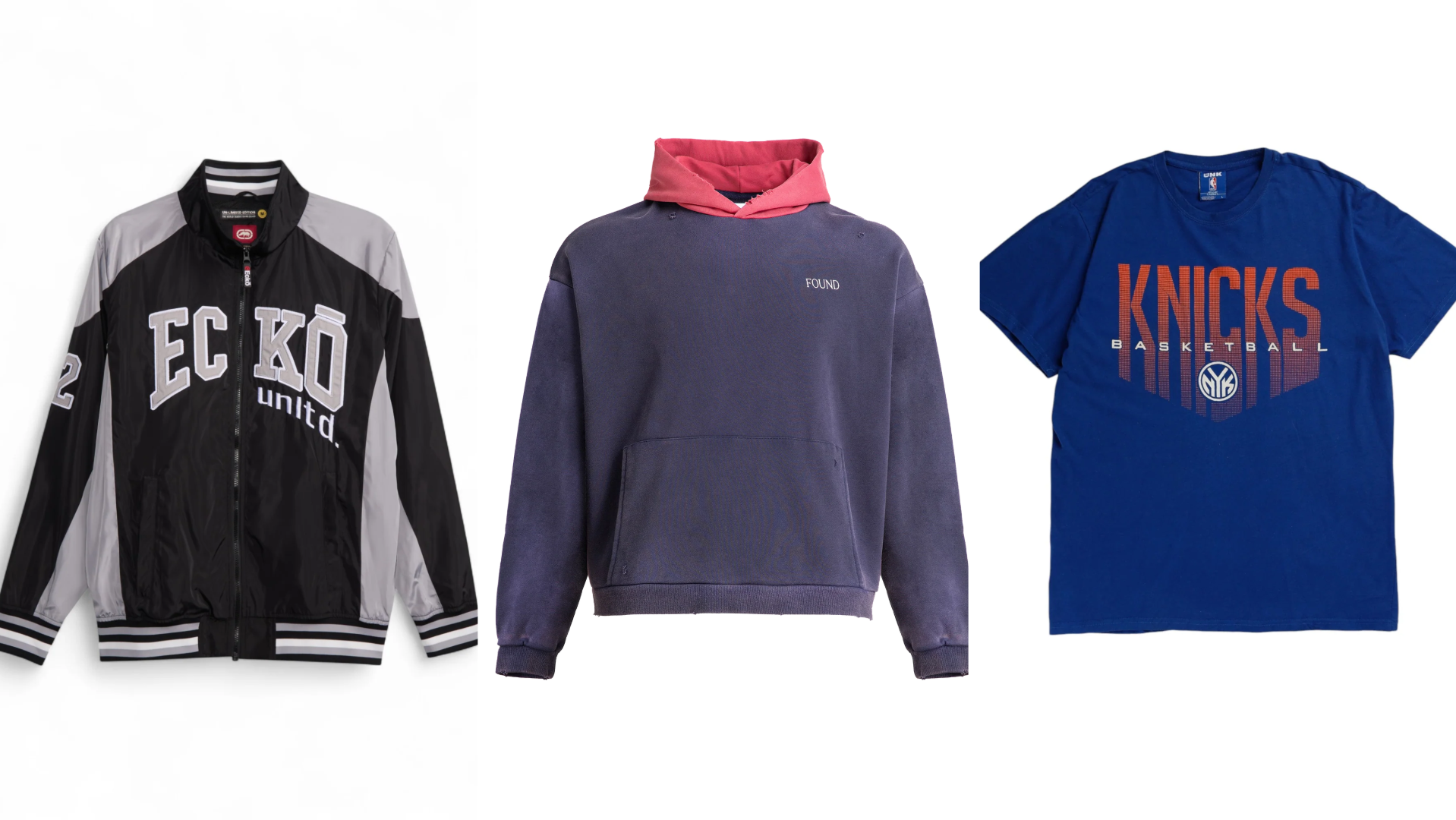 A black and gray Ecko jacket, a purple hoodie with a red hood, and a blue New York Knicks T-shirt.