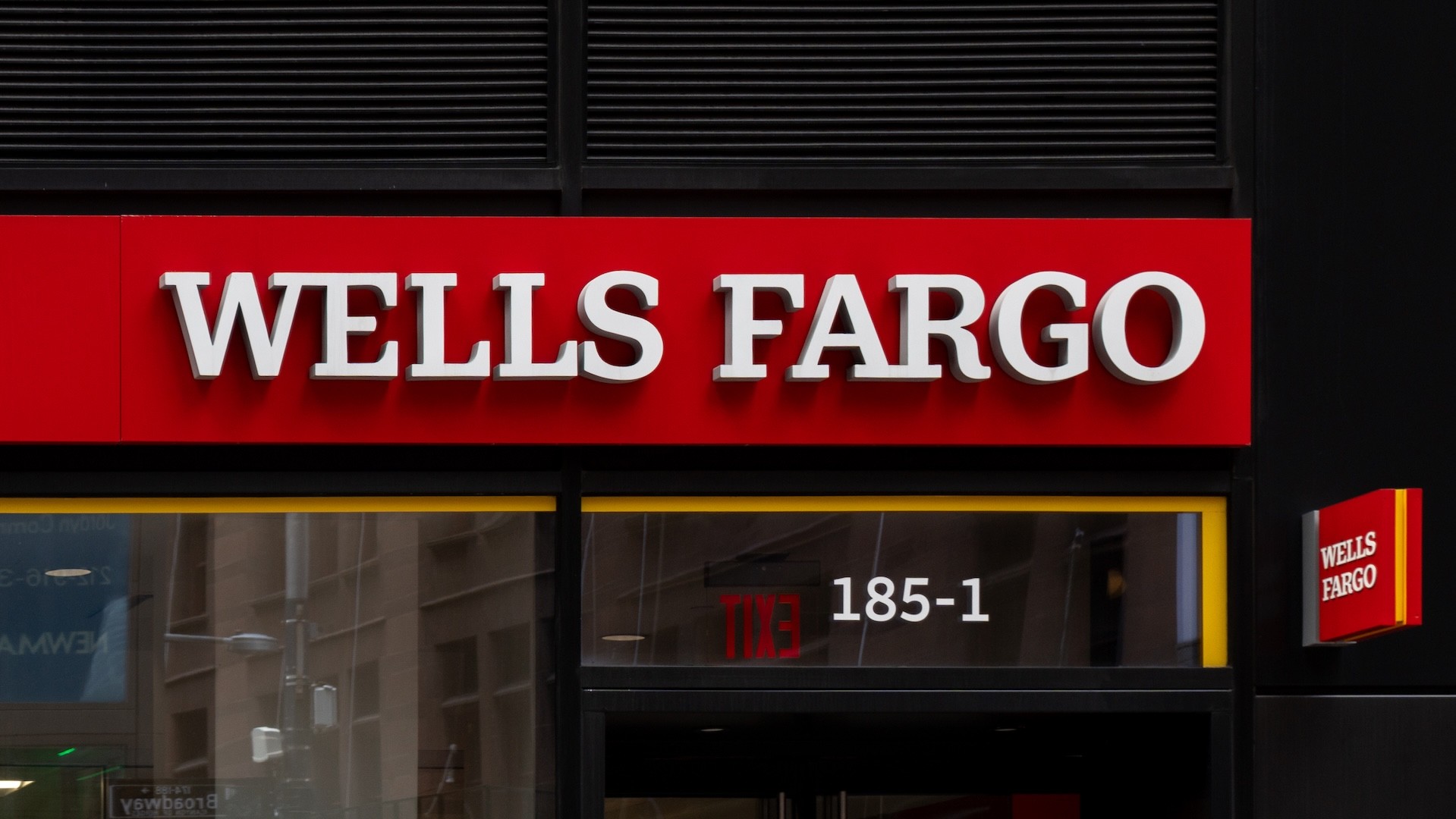 Wells Fargo logo sign is seen in New York City, United States, on August 5, 2026. 