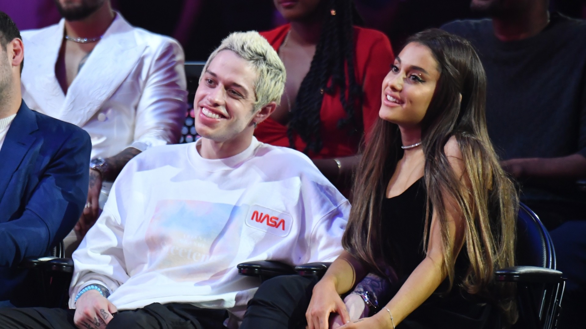 NEW YORK, NY - AUGUST 20: Pete Davidson (C) and Ariana Grande (R) attend the 2018 MTV Video Music Awards at Radio City Music Hall on August 20, 2018 in New York City. 