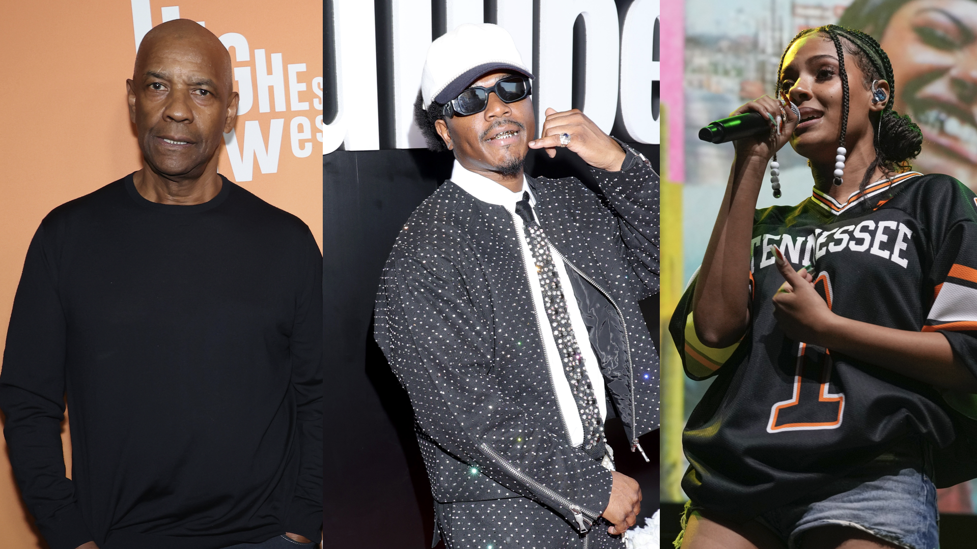(L) Denzel Washington attends "Highest 2 Lowest" New York Premiere at Brooklyn Academy of Music on August 11, 2025 in New York City. (Center) Smino attends YouTube Music Leaders and Legends at Nya Studios on June 27, 2024 in Los Angeles, California. (R) Samara Cyn at Rolling Stone Future of Music showcase during SXSW Conference & Festivals at Austin City Limits Live at the Moody Theater on March 14, 2025 in Austin, Texas. 