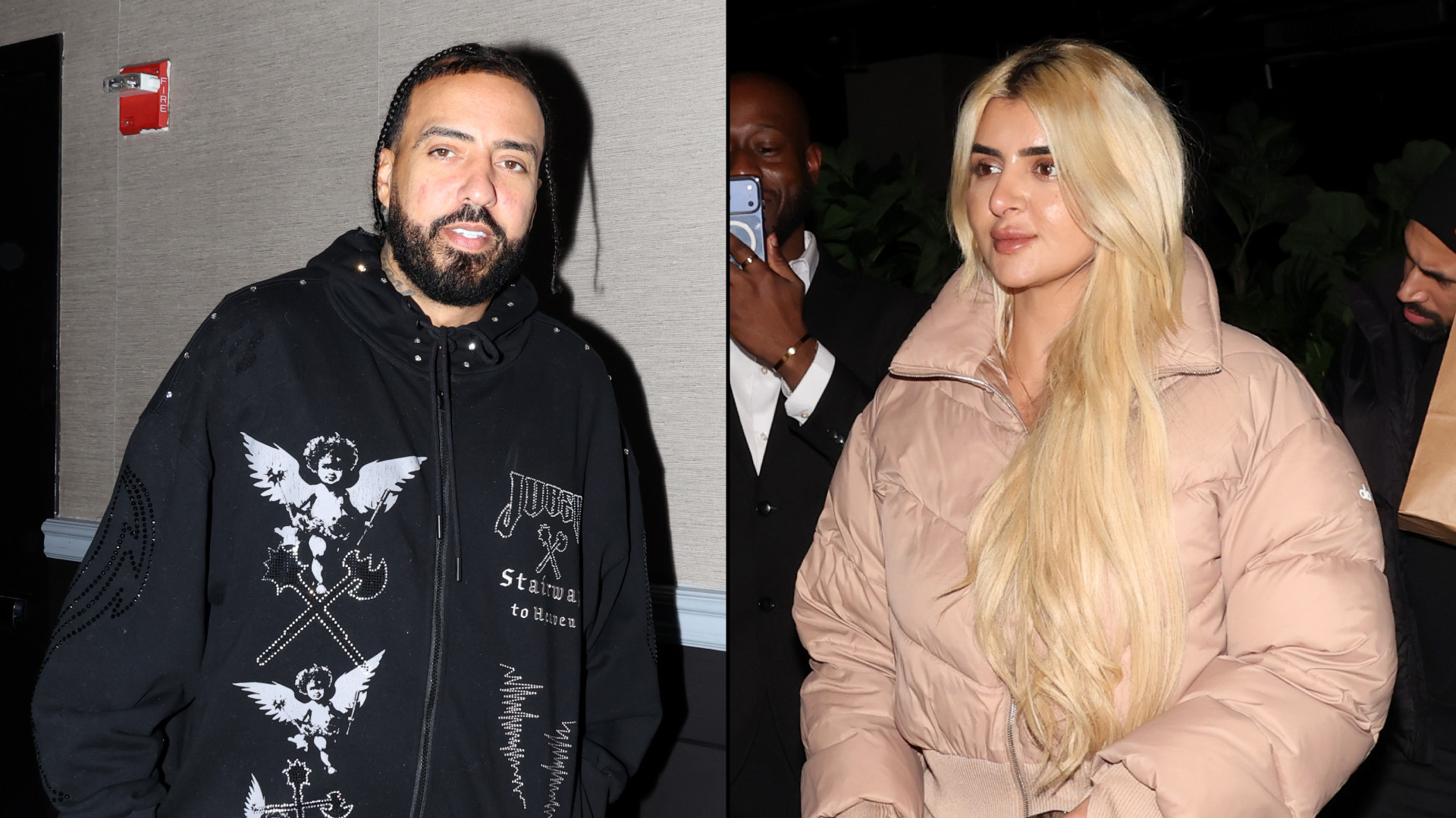 Split image. Left: French Montana in a black hoodie with angel designs. Right: Sheikha Mahra in a beige puffer jacket, both attending an event.