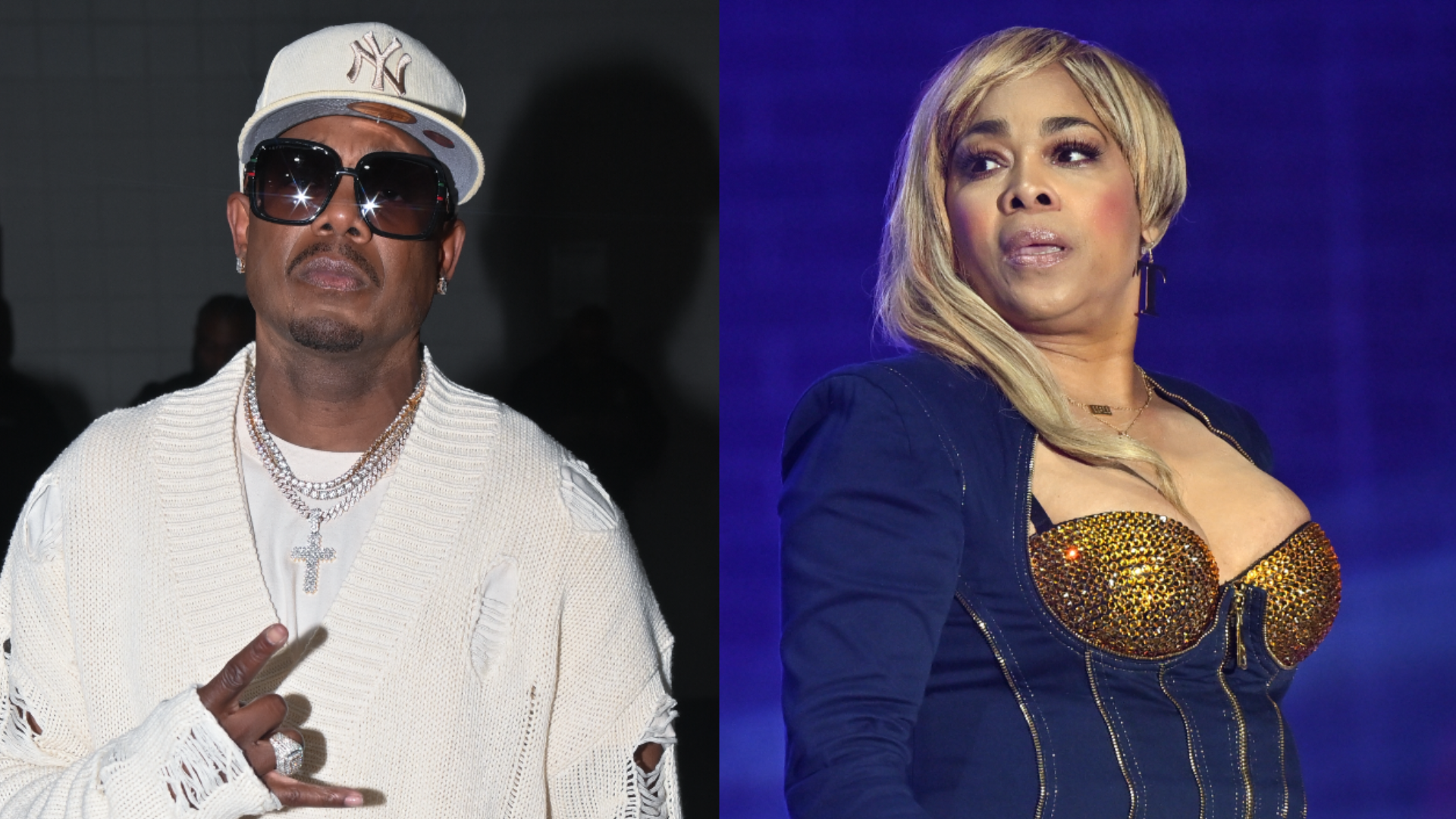 Split image. Jodeci's Dalvin DeGrate in a white outfit with sunglasses and cap. Right: TLC's Tionne "T-Boz" Watkins in a blue and gold outfit on stage.