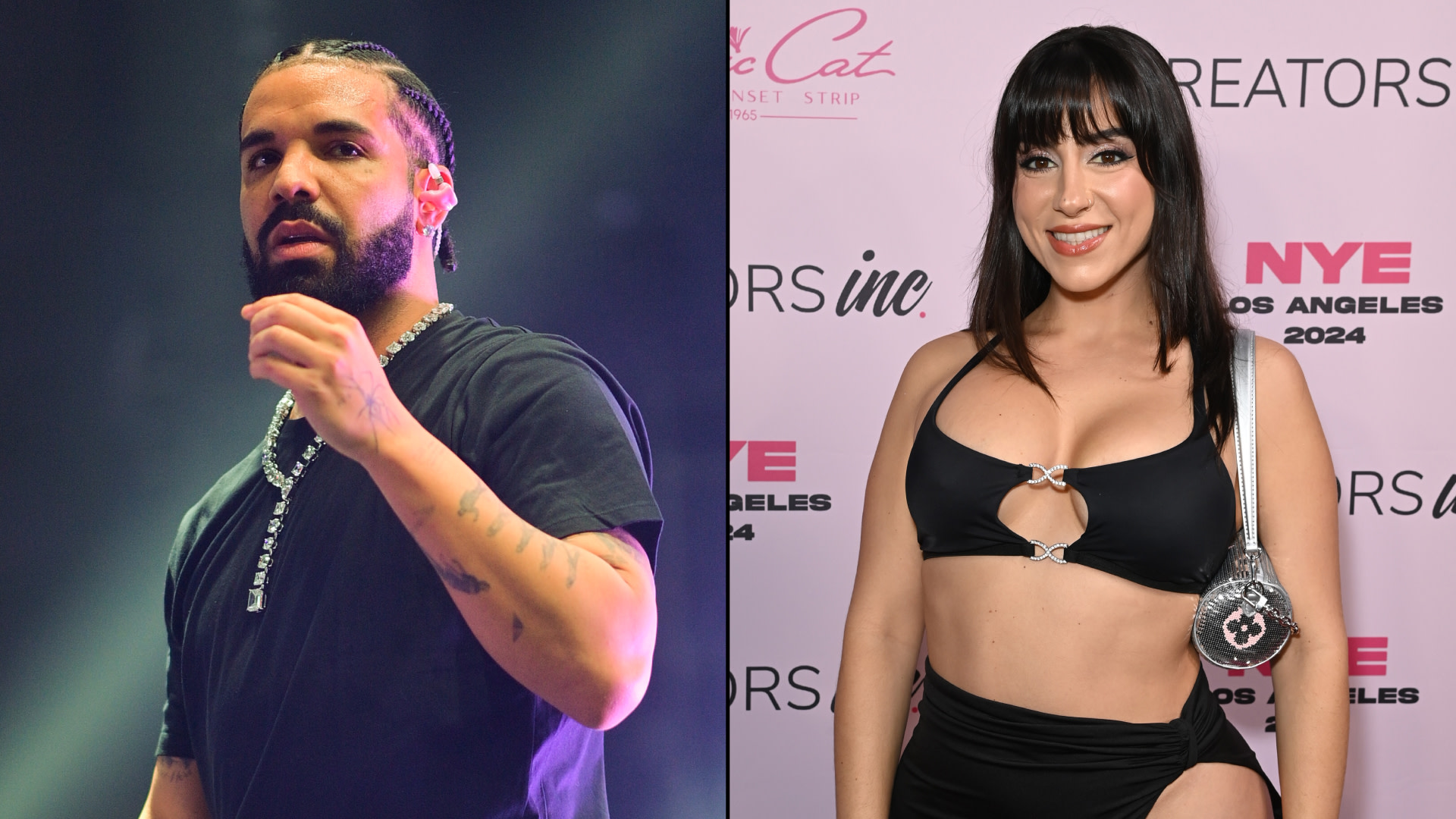 Split image. Left: Drake performing on stage with a microphone. Right: Lena the Plug in a black outfit posing at an event with a pink backdrop.