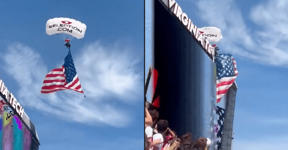 Skydiver Gets Stuck on Scoreboard at Virginia Tech Spring Game