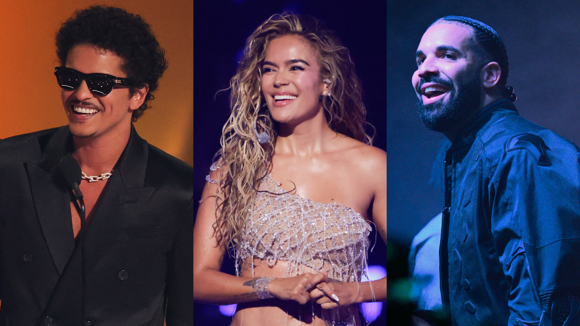 Split image of Bruno Mars, Karol G, and Drake pictured smiling. Left: Bruno wears sunglasses. Center: Karol G is in a sparkling outfit. Right: Drake in a dark jacket.