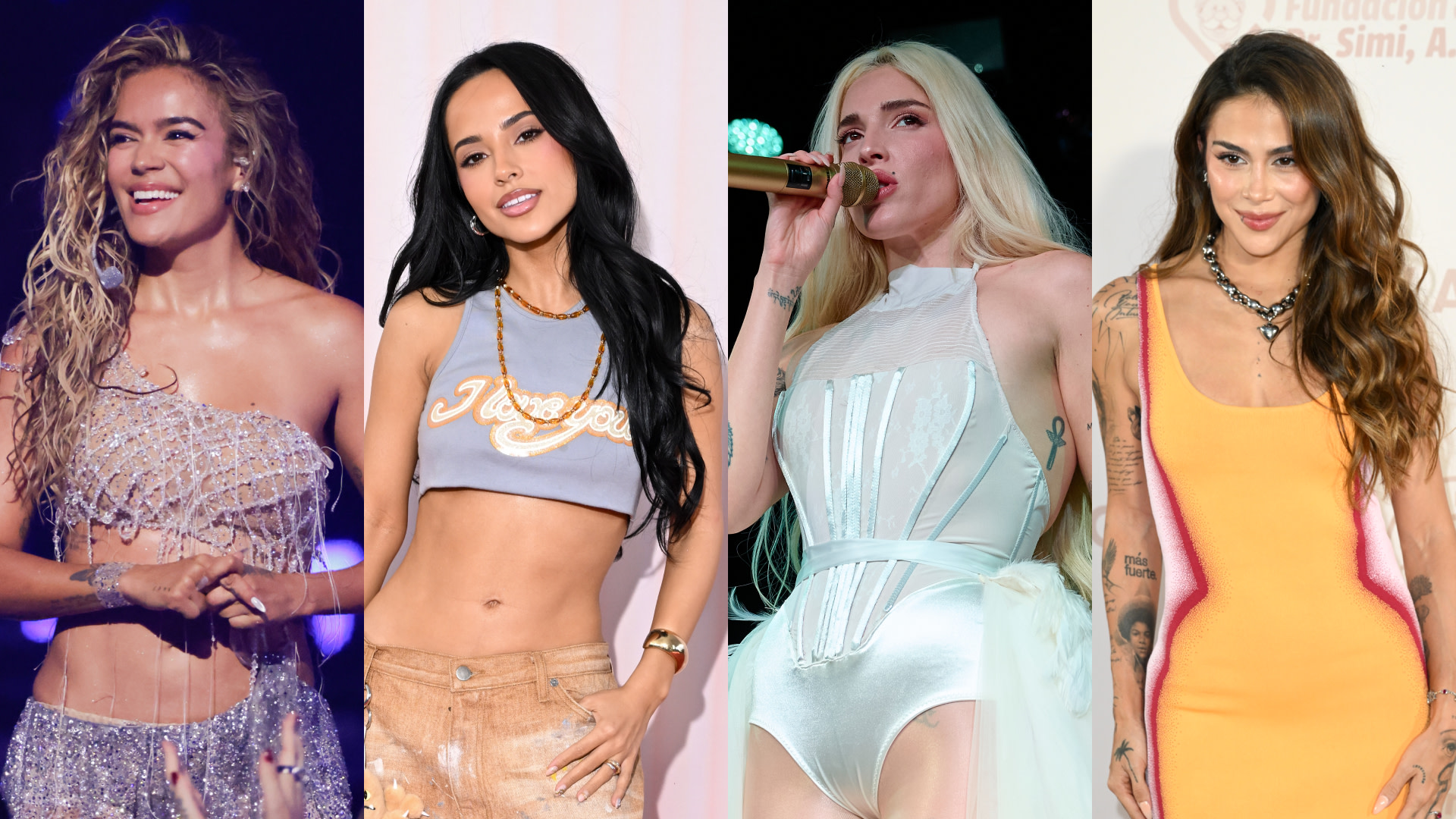 Split images. (L-R) Karol G in a sparkly top, Becky G in a crop top, Elena Rose singing in white, and Greeicy in an orange dress with tattoos.