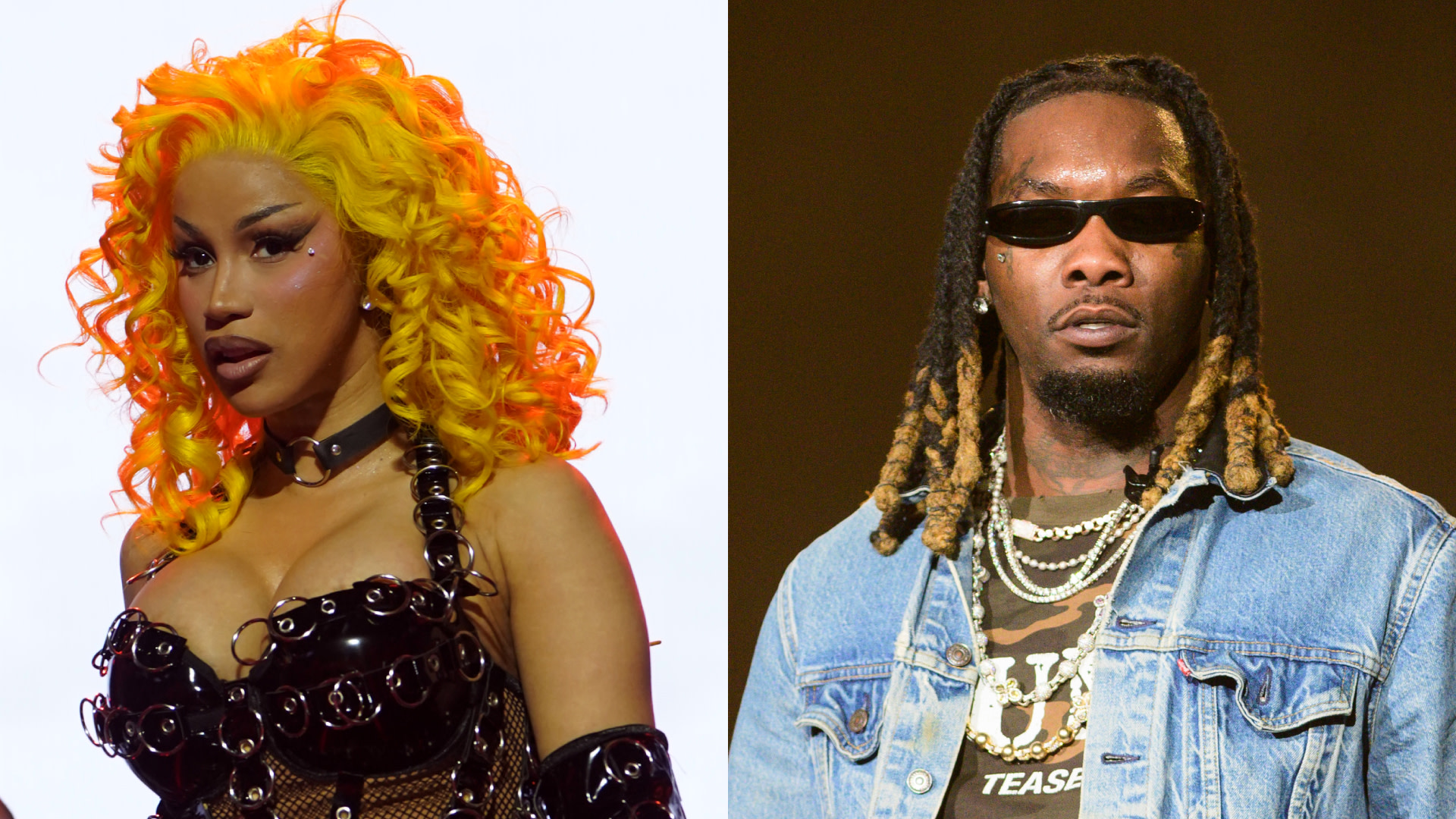 Split image. Left: Cardi B with bright yellow hair in a black outfit. Right: Offset wearing sunglasses and a denim jacket.