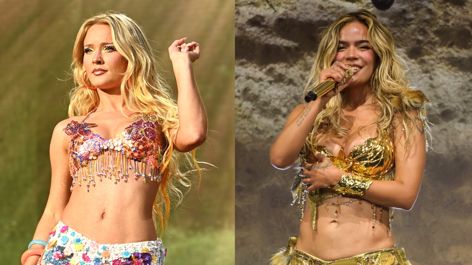 Split image. Left: Zara Larsson wears a colorful beaded top. Right: Karol G in a gold outfit singing into a mic.