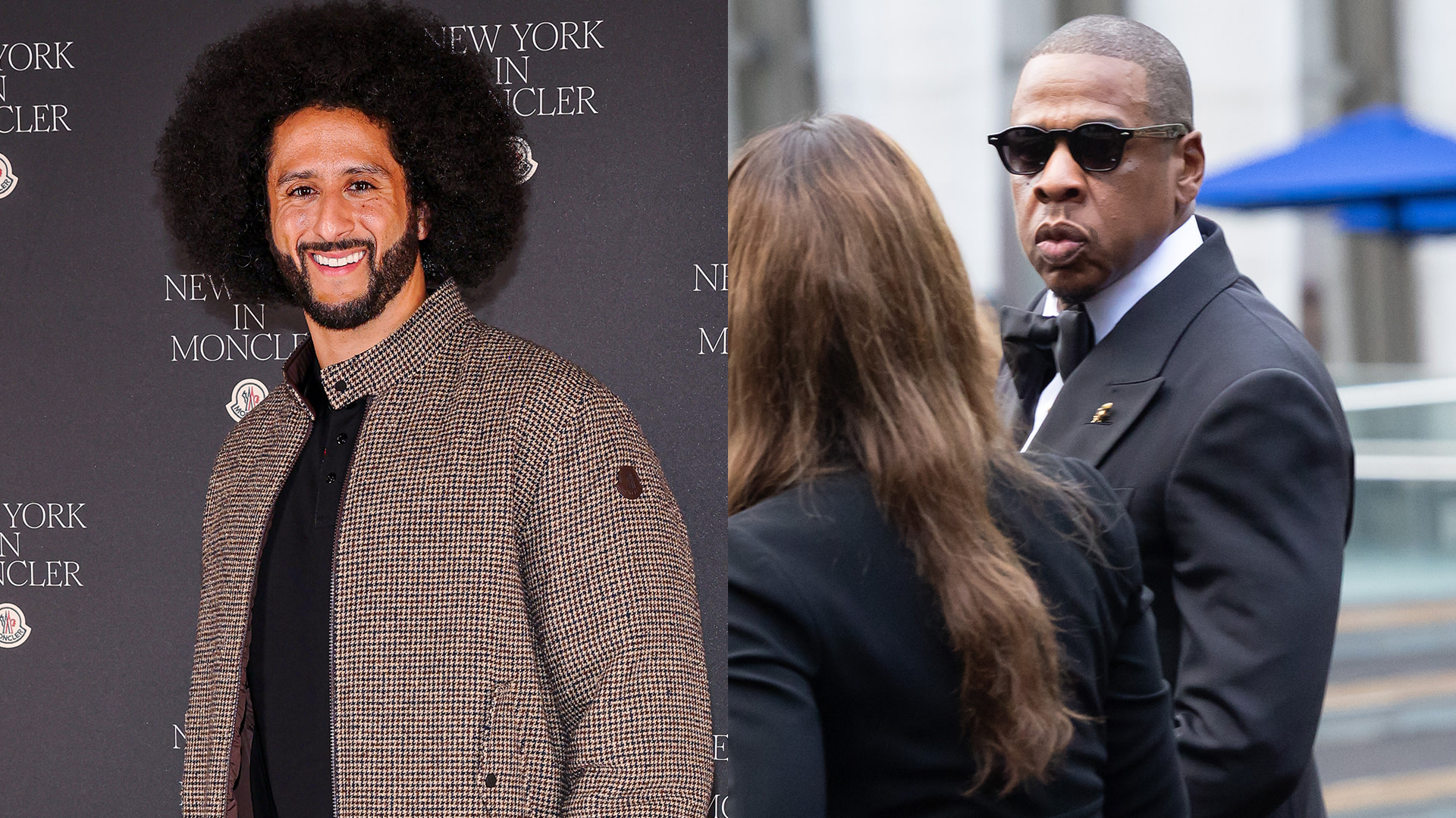 Colin Kaepernick smiling at an event, wearing a checkered jacket. Jay-Z in sunglasses and a suit, looking sideways outdoors.