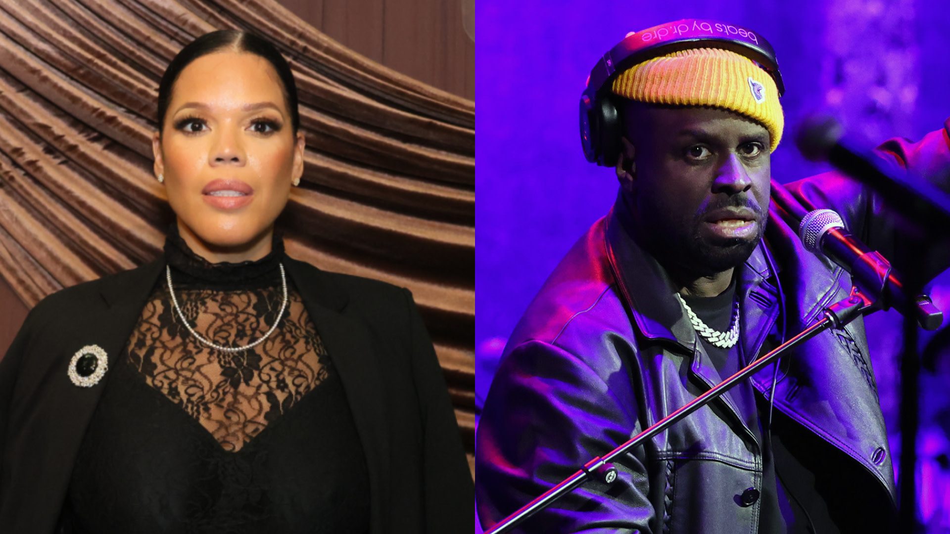 Split image. Left: Ex-Hot 97 persoanlity TT Torrez in a black lace outfit stands in front of draped fabric. Right: Funk Flex  in a leather jacket and yellow beanie performs on stage with DJ equipment.