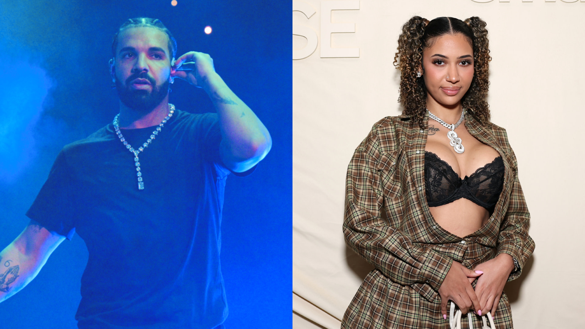 Drake performing on stage in a black shirt and necklace; a woman in a plaid outfit with a lace top poses at an event.
