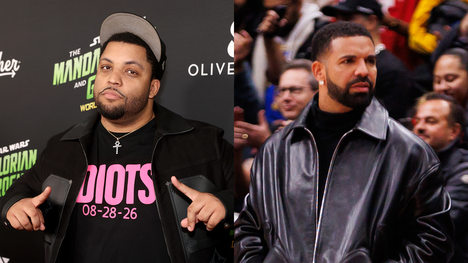 O'Shea Jackson Jr. on the left in a black jacket and cap, and Drake on the right in a leather jacket at an event.