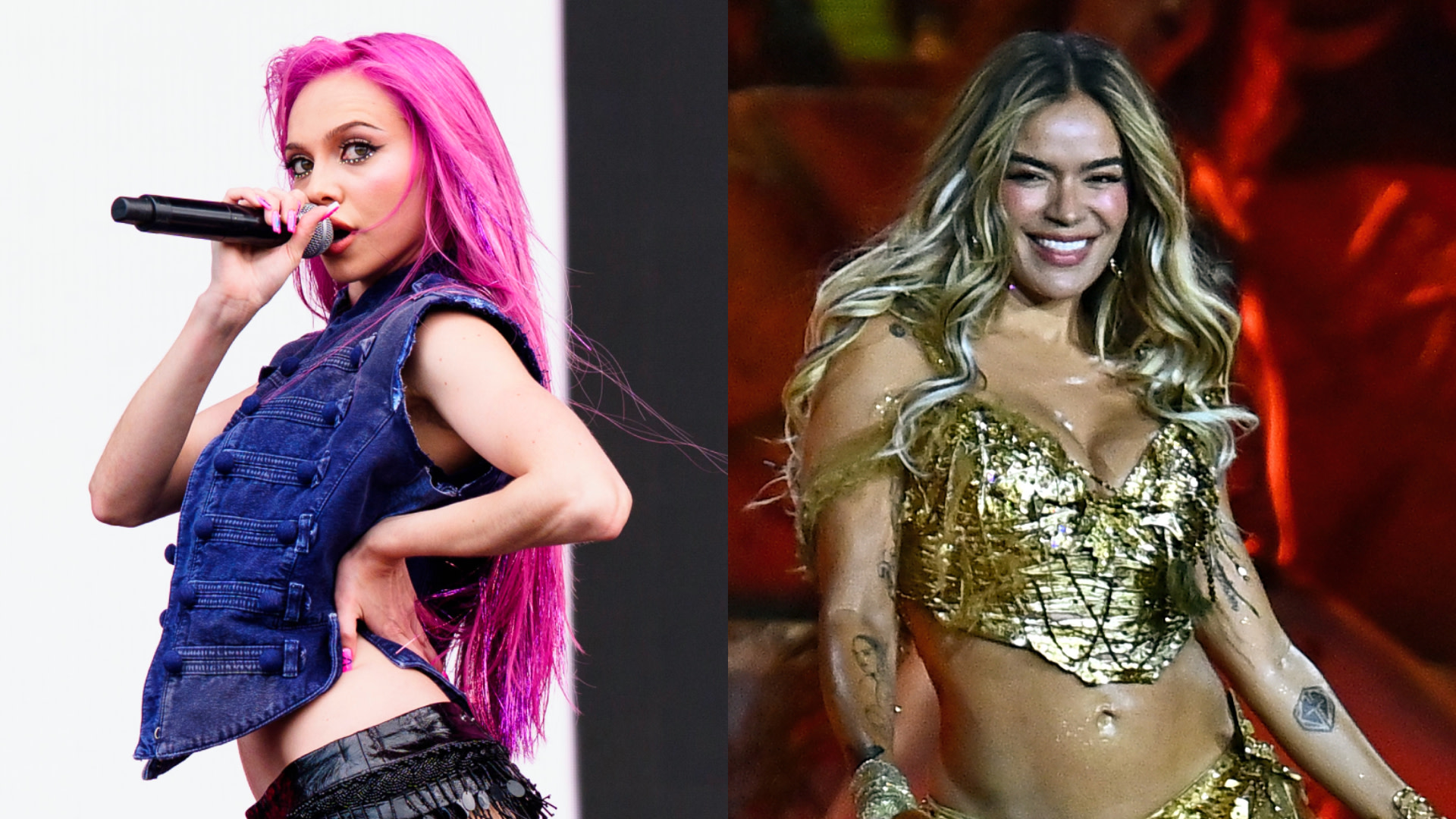 Split image. Left: ADÉLA with pink hair performs with a microphone. Right: Karol G in a gold outfit smiles on stage.