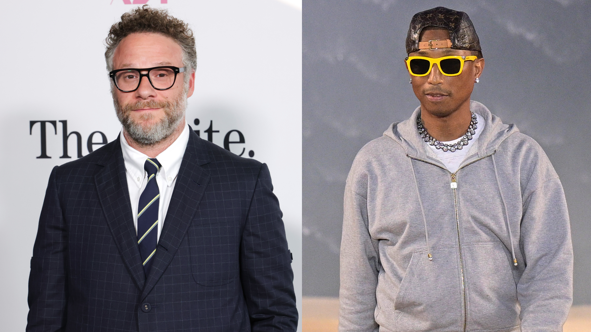 (L-R) Seth Rogen and Pharrell Williams.