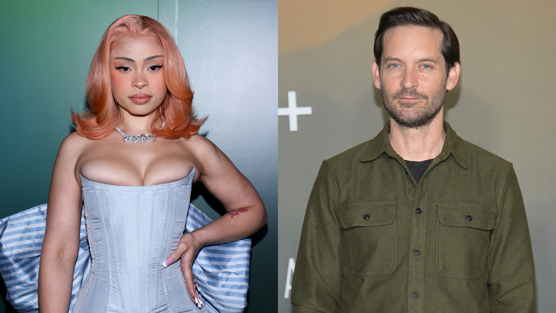 (L-R) Ice Spice and Tobey Maguire.