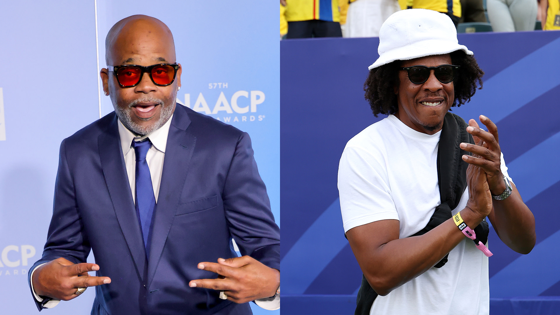 Damon Dash in a suit at the NAACP Awards; Jay-Z in casual attire with a white hat and sunglasses, clapping.
