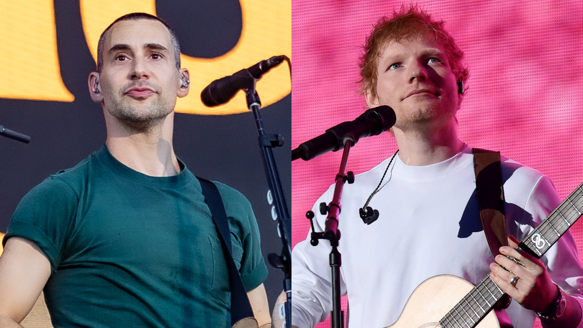 Split image. Left: Jack Antonoff in a green shirt. Right: Ed Sheeran in a white shirt. Both performing on stage with guitars.