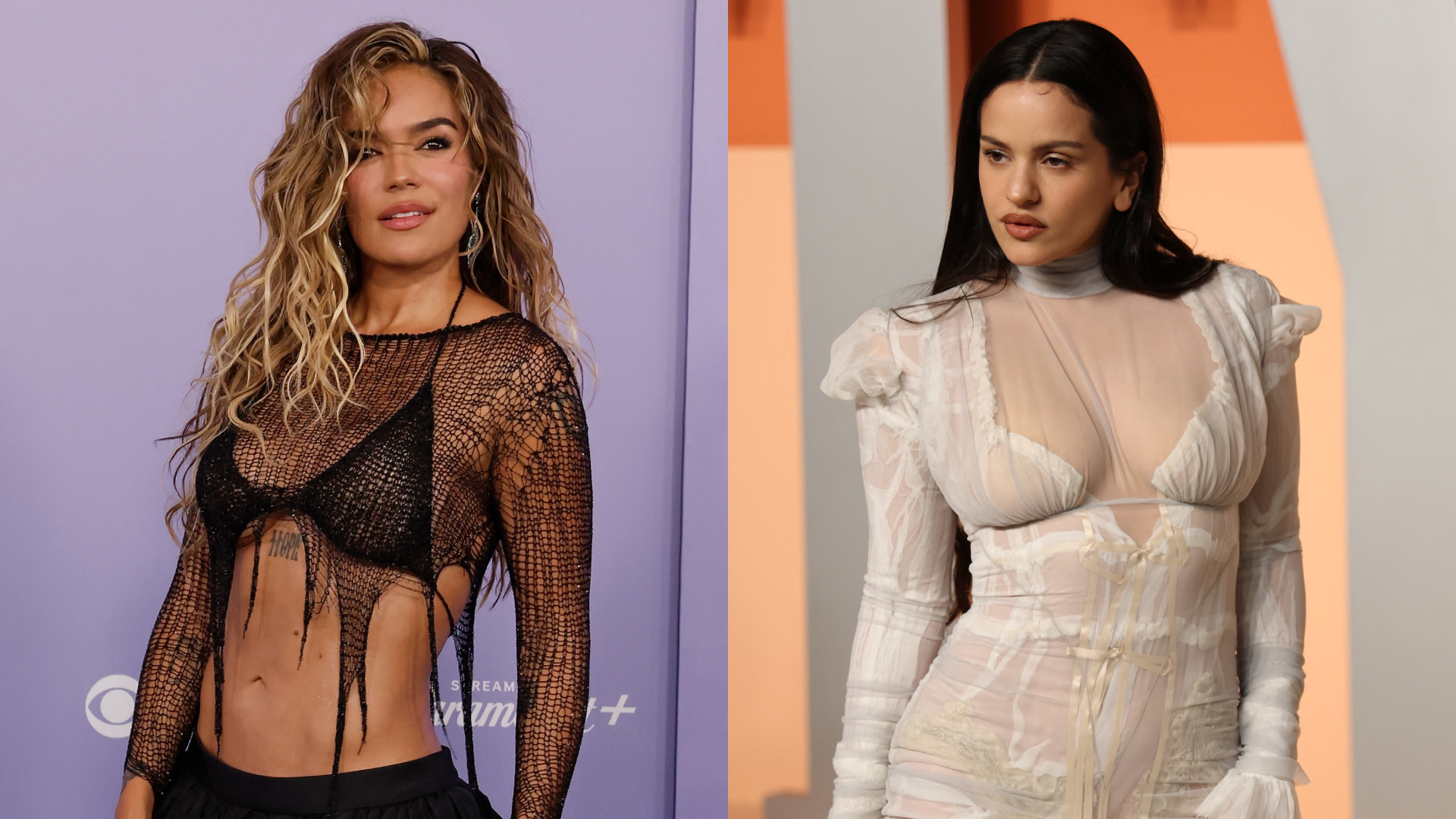 Split image. Left: Karol G in a black mesh top. Right: Rosalía in a white sheer dress.
