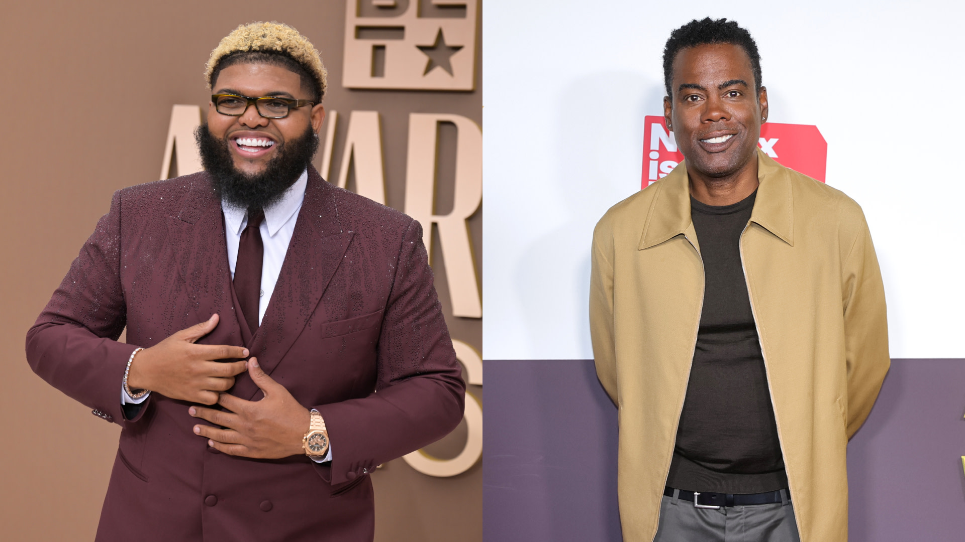 Split image. On the left, Druski wears a maroon suit. Chris Rock on the right wears a tan jacket over a dark shirt.