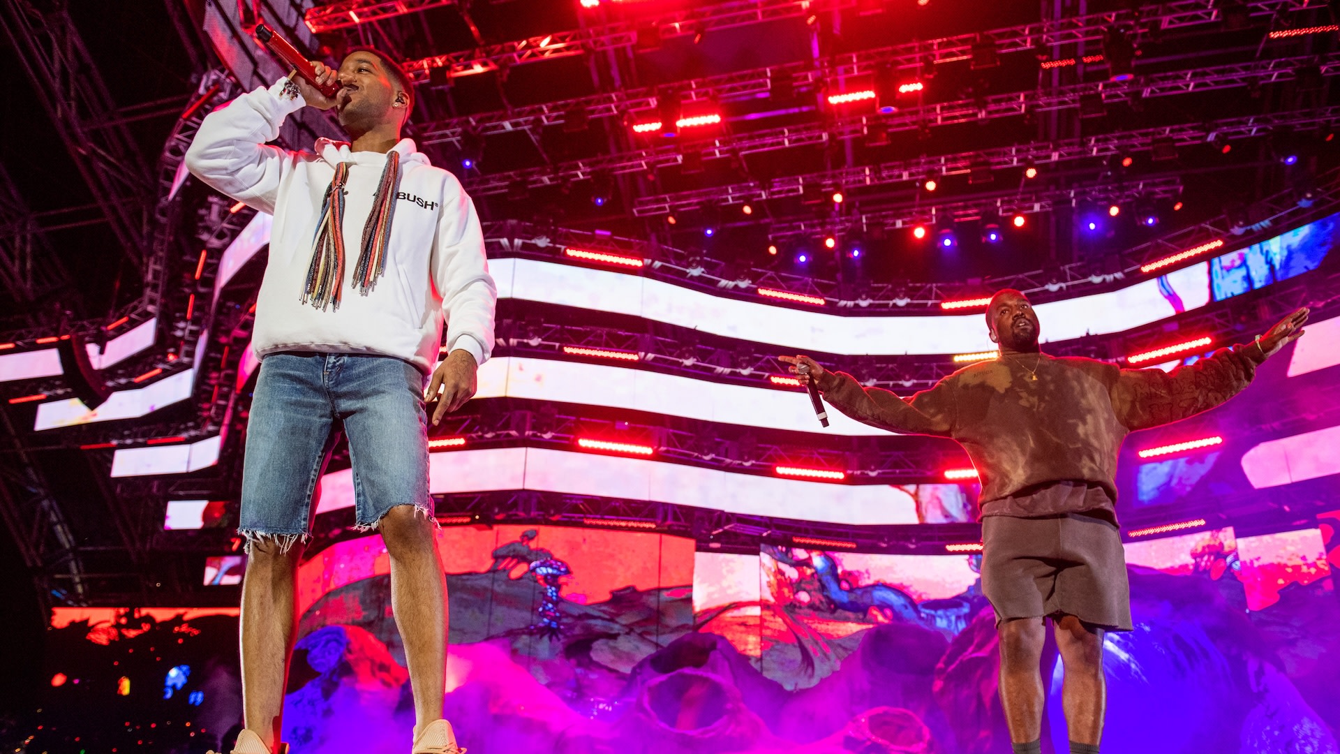(L-R) Kid Cudi and Kanye West.