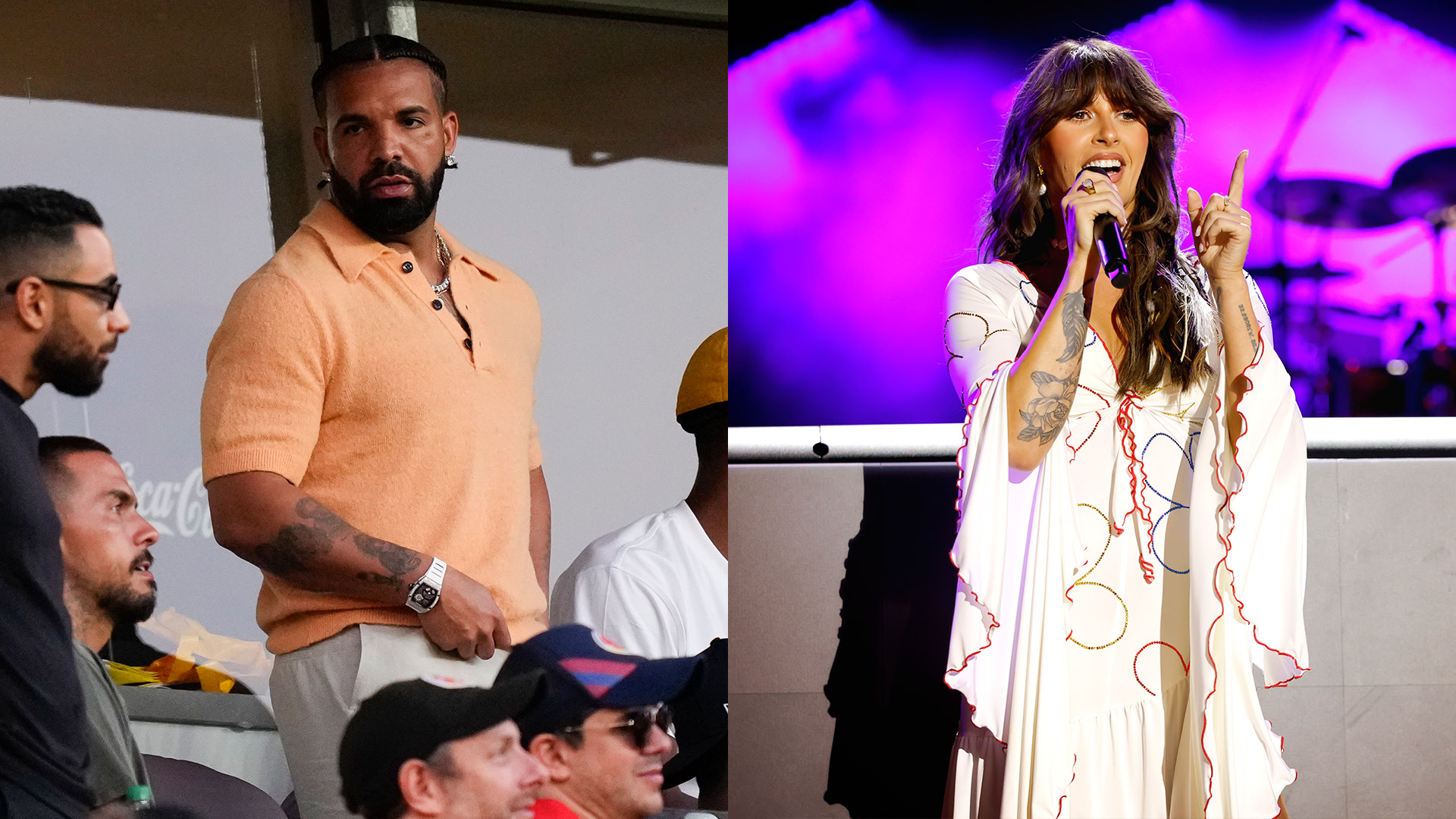 Drake in a peach shirt at an event; Ella Langley performing on stage in a white dress with a microphone.