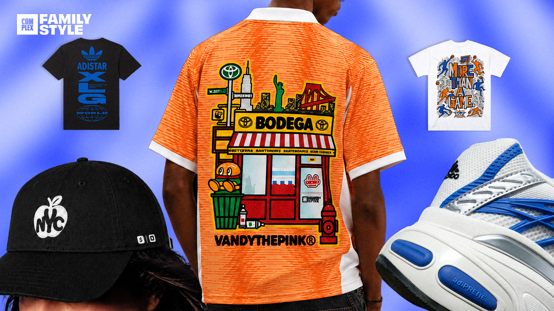A collage featuring streetwear items: an orange "Bodega" shirt, black NYC cap, Adidas t-shirt, graphic tee, and blue-white sneakers.